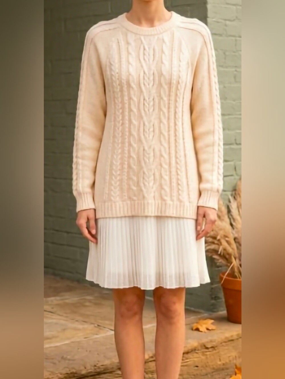 Cream Cable-Knit Midi Dress with Pleated Skirt One size.